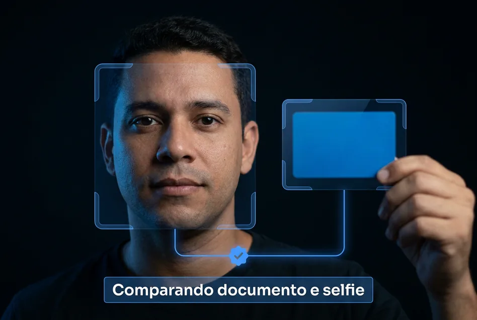Homem segurando um documento de identidade ao lado do próprio rosto, os dois enquadrados por colchetes azuis ligados por uma linha, com a legenda Comparando documento e selfie