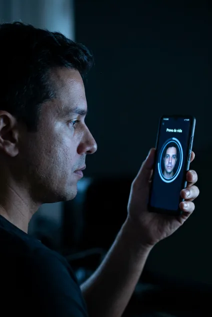 Homem segurando o celular na altura dos olhos, rosto iluminado pela tela durante a prova de vida